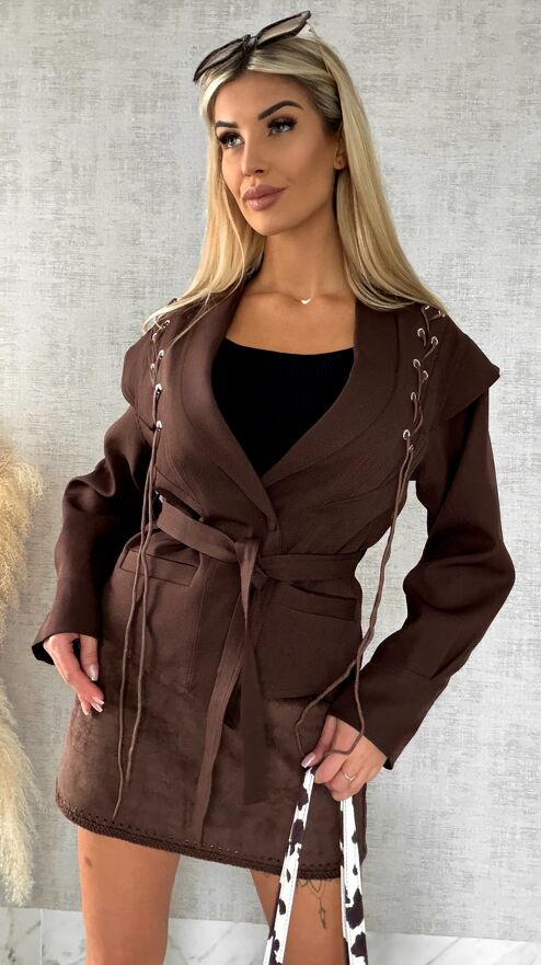Modna CZEKOLADOWA kurtka przejściowa z wiązaniami ONE SIZE - R489A