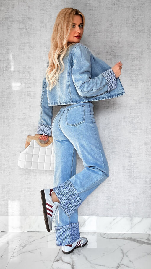 Wiosenny komplet jeansowy katana + spodnie BLUE JEANS kratka - P382A