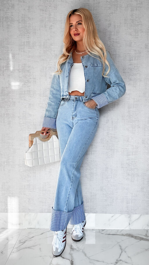 Wiosenny komplet jeansowy katana + spodnie BLUE JEANS kratka - P382A