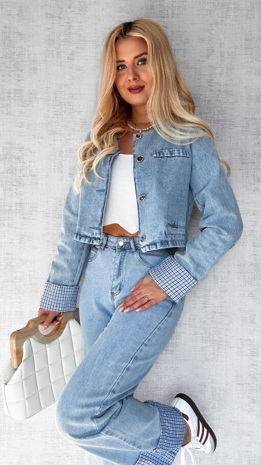 Wiosenny komplet jeansowy katana + spodnie BLUE JEANS kratka - P382A