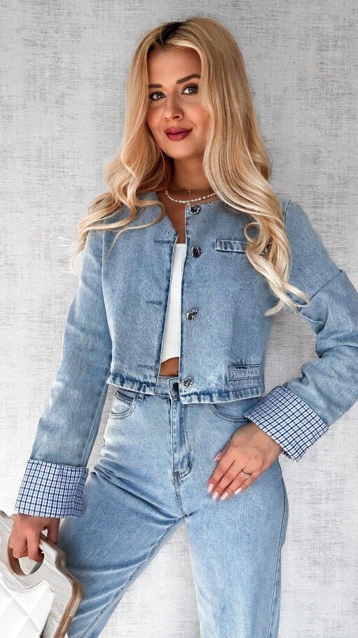 Wiosenny komplet jeansowy katana + spodnie BLUE JEANS kratka - P382A