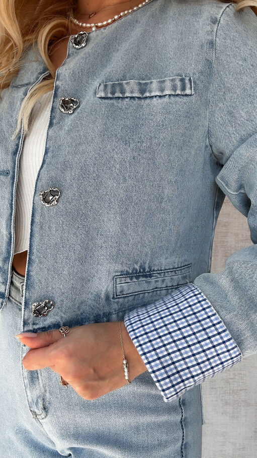 Wiosenny komplet jeansowy katana + spodnie BLUE JEANS kratka - P382A