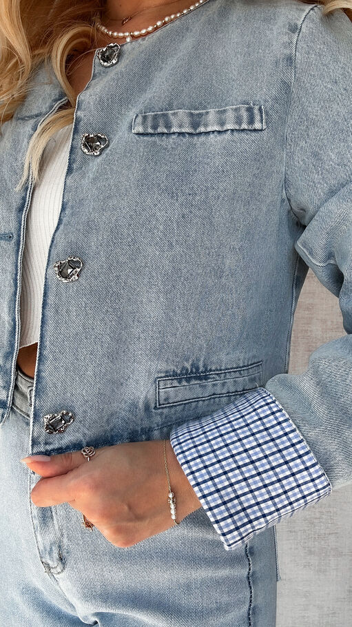 Wiosenny komplet jeansowy katana + spodnie BLUE JEANS kratka - P382A