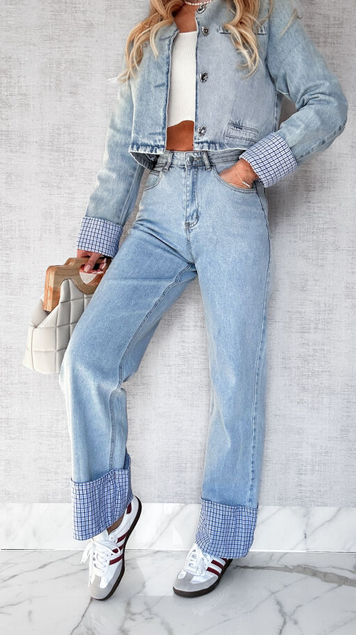 Wiosenny komplet jeansowy katana + spodnie BLUE JEANS kratka - P382A