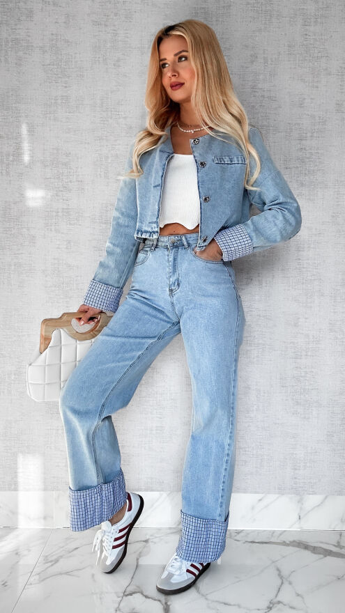 Wiosenny komplet jeansowy katana + spodnie BLUE JEANS kratka - P382A