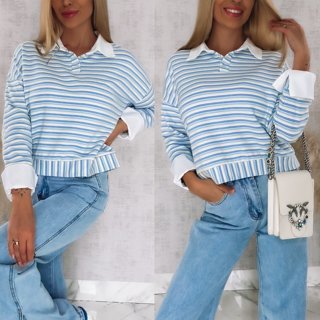 Modna bluza w niebieskie paski z wstawkami białej koszuli ONE SIZE - R866A