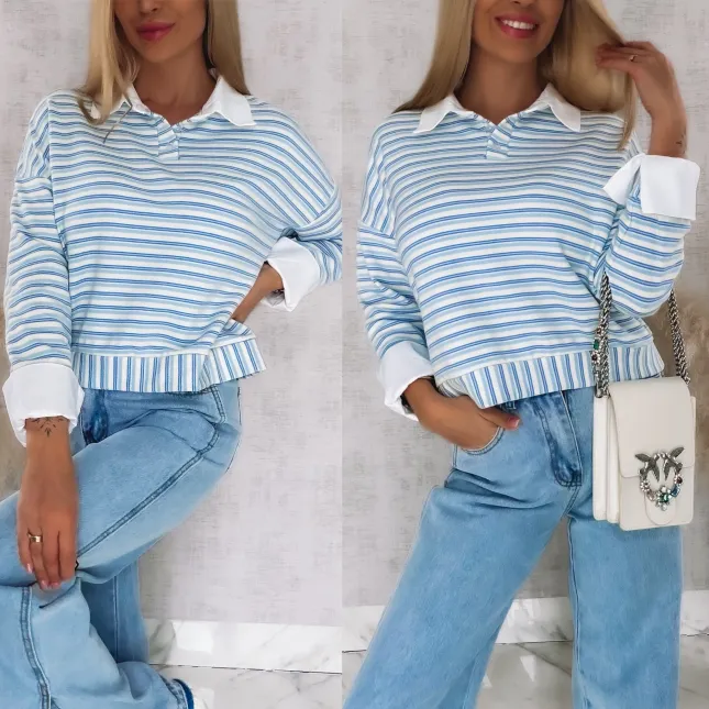 Modna bluza w niebieskie paski z wstawkami białej koszuli ONE SIZE - R866A