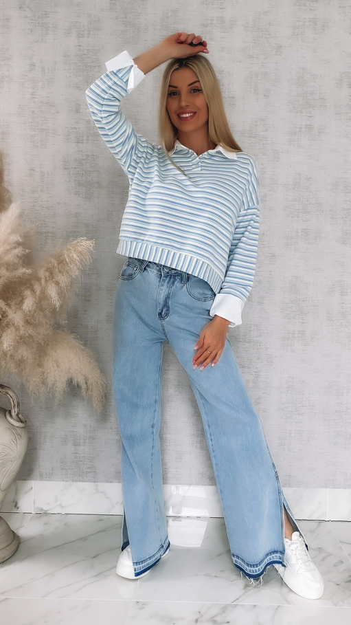 Modna bluza w niebieskie paski z wstawkami białej koszuli ONE SIZE - R866A