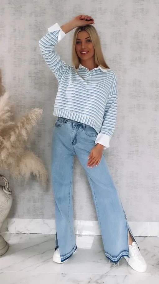 Modna bluza w niebieskie paski z wstawkami białej koszuli ONE SIZE - R866A