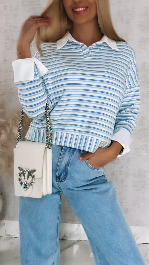 Modna bluza w niebieskie paski z wstawkami białej koszuli ONE SIZE - R866A