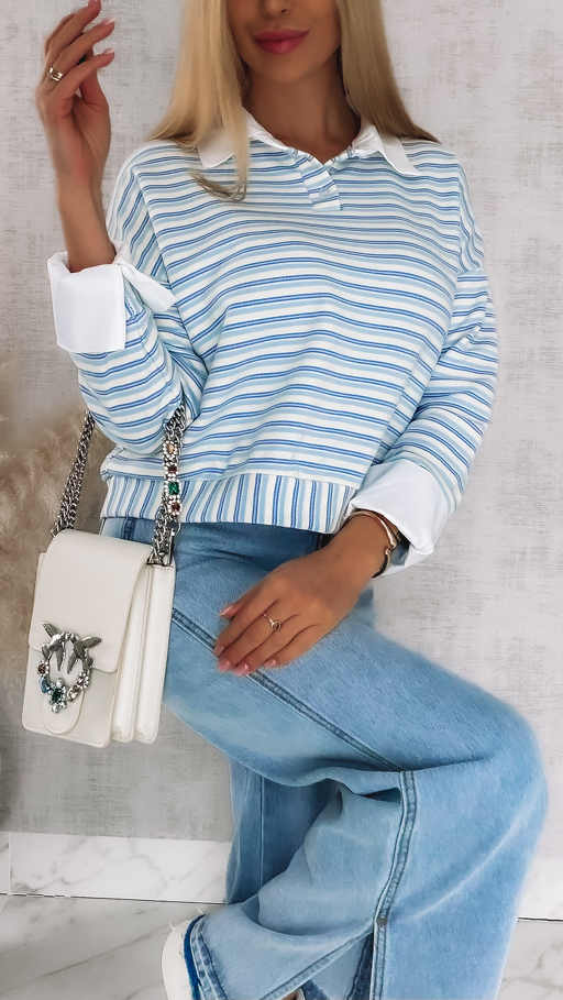 Modna bluza w niebieskie paski z wstawkami białej koszuli ONE SIZE - R866A