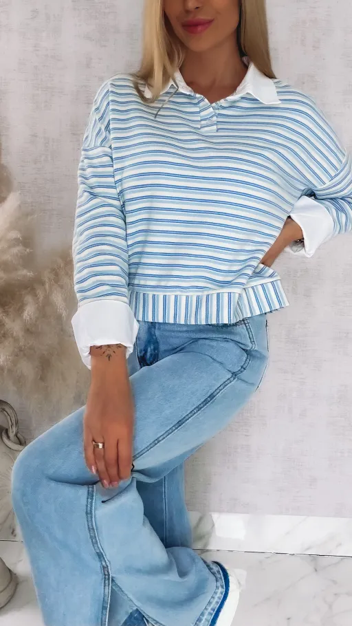 Modna bluza w niebieskie paski z wstawkami białej koszuli ONE SIZE - R866A