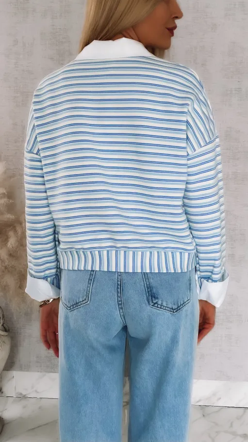 Modna bluza w niebieskie paski z wstawkami białej koszuli ONE SIZE - R866A