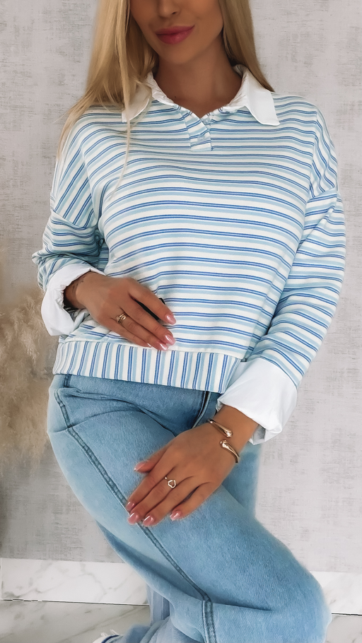 Modna bluza w niebieskie paski z wstawkami białej koszuli ONE SIZE - R866A