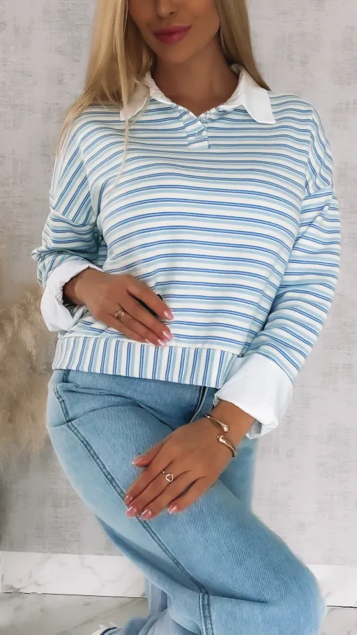 Modna bluza w niebieskie paski z wstawkami białej koszuli ONE SIZE - R866A