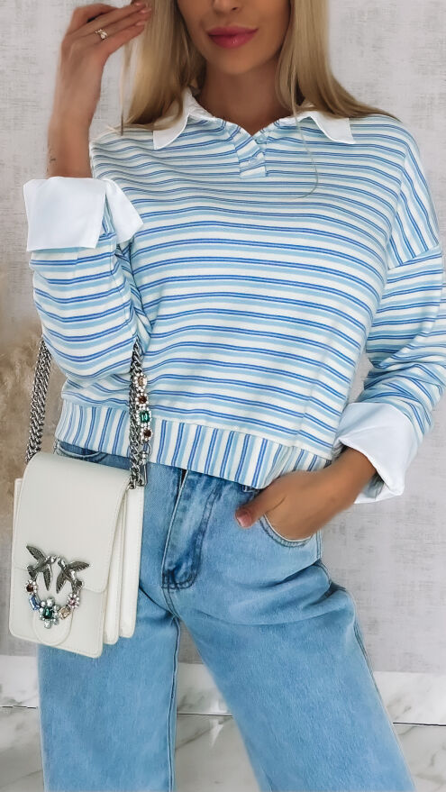 Modna bluza w niebieskie paski z wstawkami białej koszuli ONE SIZE - R866A