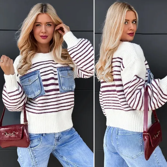 Oryginalny sweter w paski z jeansowymi kieszeniami ONE SIZE - R086