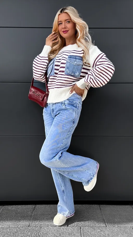 Oryginalny sweter w paski z jeansowymi kieszeniami ONE SIZE - R086