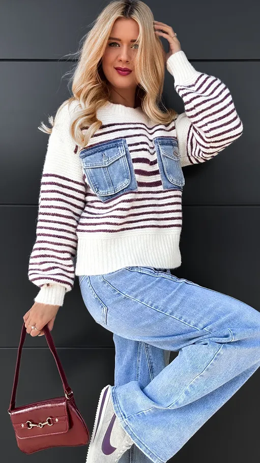 Oryginalny sweter w paski z jeansowymi kieszeniami ONE SIZE - R086