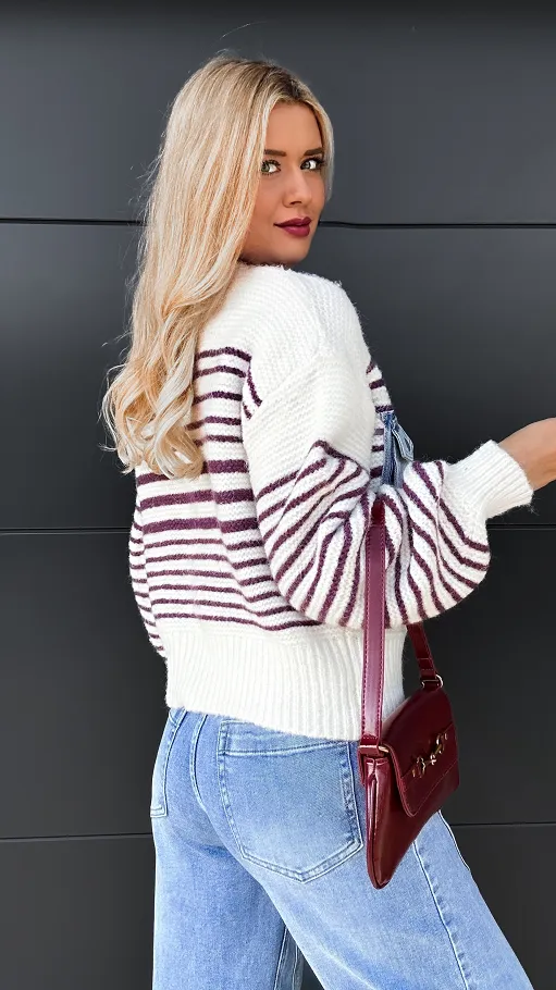 Oryginalny sweter w paski z jeansowymi kieszeniami ONE SIZE - R086