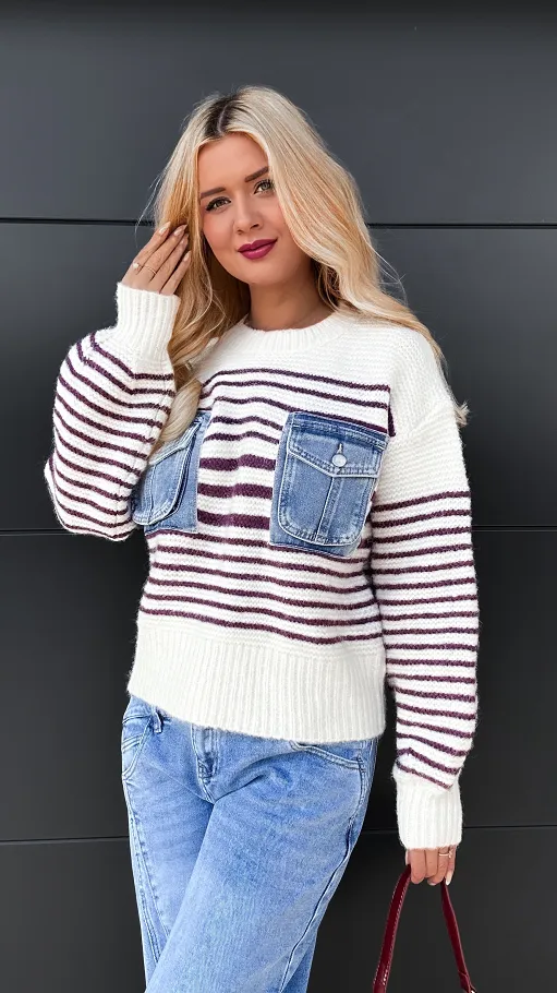 Oryginalny sweter w paski z jeansowymi kieszeniami ONE SIZE - R086