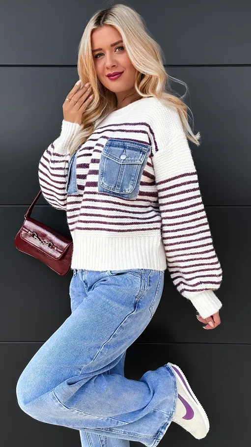 Oryginalny sweter w paski z jeansowymi kieszeniami ONE SIZE - R086
