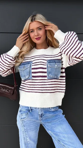 Oryginalny sweter w paski z jeansowymi kieszeniami ONE SIZE - R086
