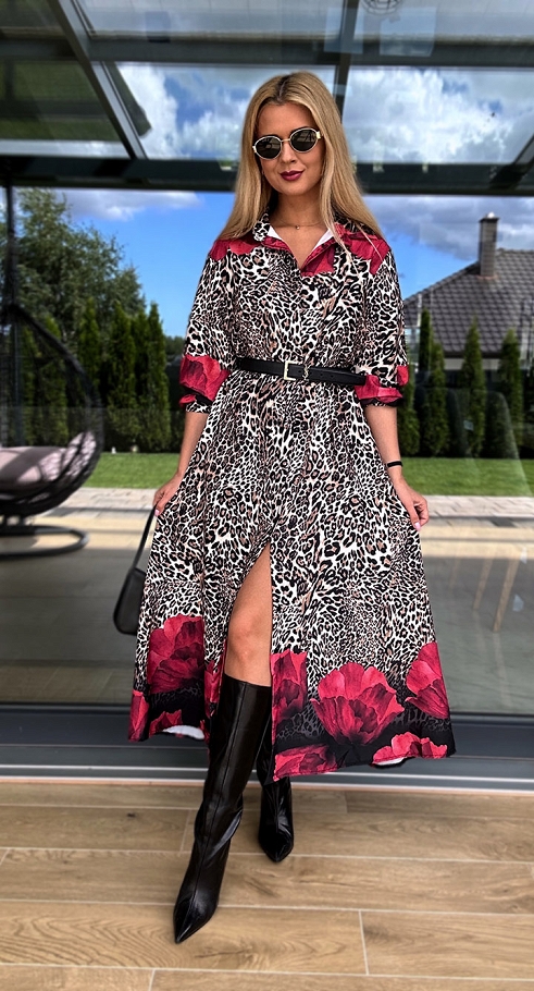 Luźna MAXI sukienka w modną panterkę i czerwone maki ONE SIZE - N560