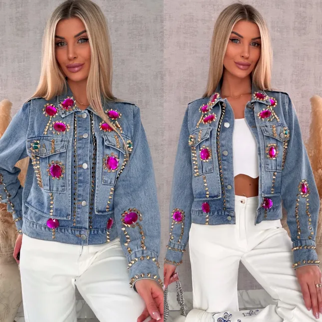 Oryginalna katana jeansowa zdobiona różowymi kamieniami DENIM BLUE - R719