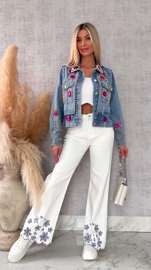 Oryginalna katana jeansowa zdobiona różowymi kamieniami DENIM BLUE - R719