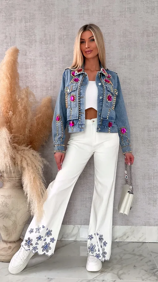 Oryginalna katana jeansowa zdobiona różowymi kamieniami DENIM BLUE - R719