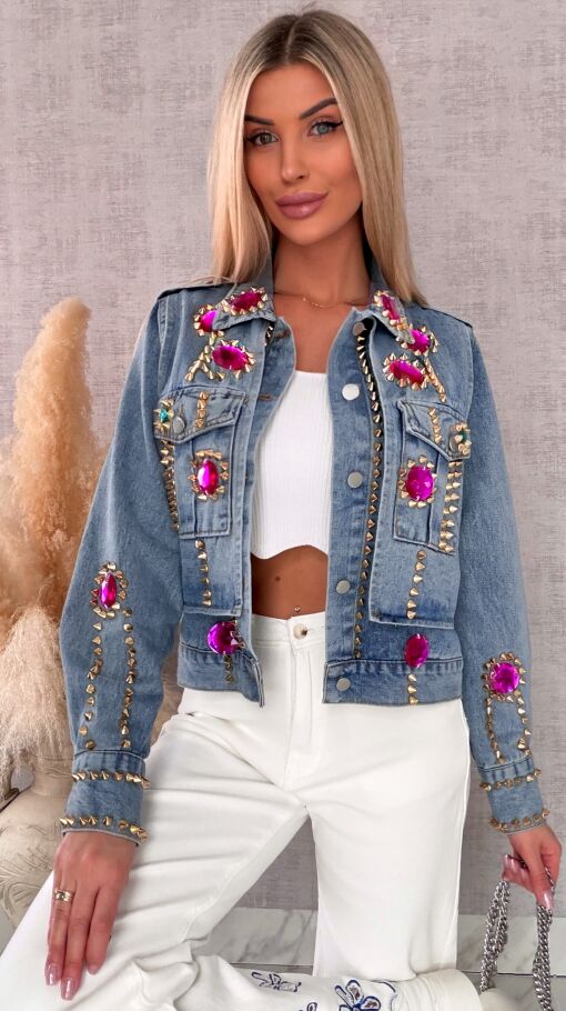 Oryginalna katana jeansowa zdobiona różowymi kamieniami DENIM BLUE - R719