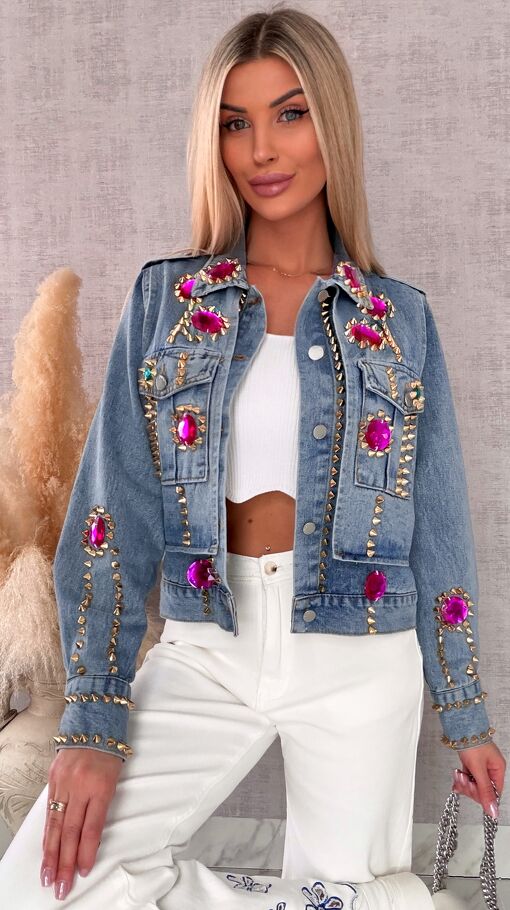 Oryginalna katana jeansowa zdobiona różowymi kamieniami DENIM BLUE - R719