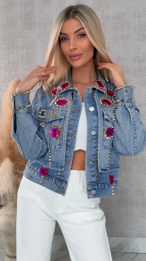 Oryginalna katana jeansowa zdobiona różowymi kamieniami DENIM BLUE - R719