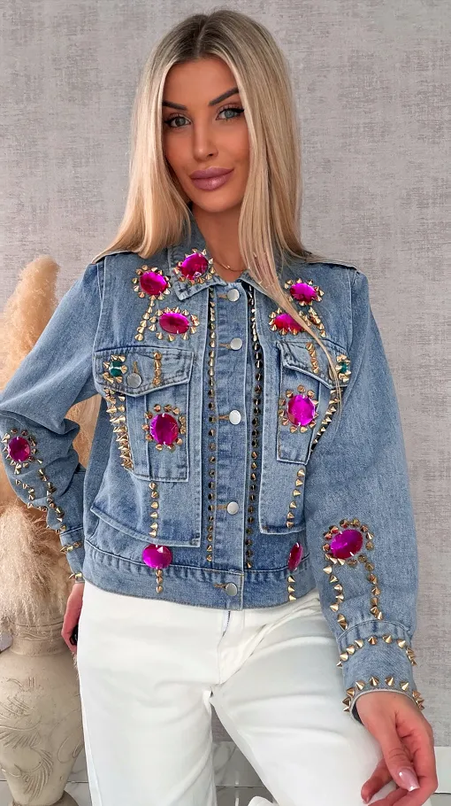 Oryginalna katana jeansowa zdobiona różowymi kamieniami DENIM BLUE - R719