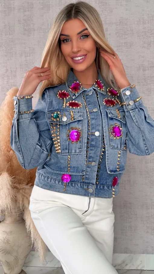 Oryginalna katana jeansowa zdobiona różowymi kamieniami DENIM BLUE - R719