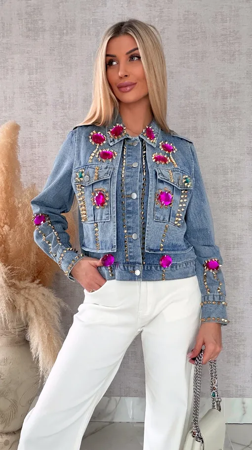 Oryginalna katana jeansowa zdobiona różowymi kamieniami DENIM BLUE - R719