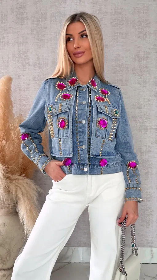 Oryginalna katana jeansowa zdobiona różowymi kamieniami DENIM BLUE - R719