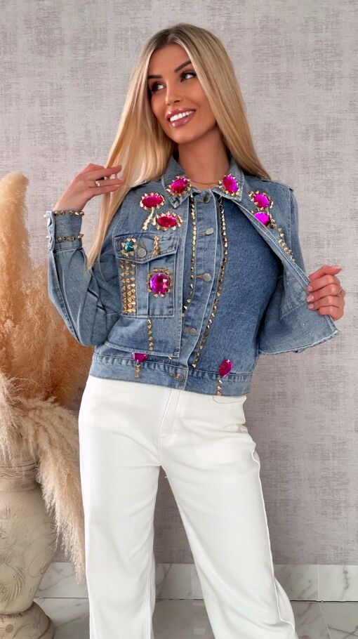 Oryginalna katana jeansowa zdobiona różowymi kamieniami DENIM BLUE - R719