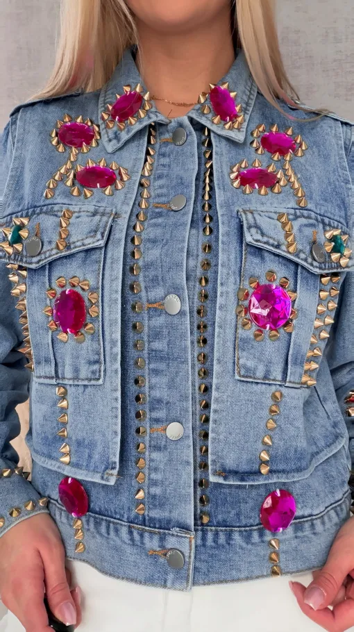 Oryginalna katana jeansowa zdobiona różowymi kamieniami DENIM BLUE - R719