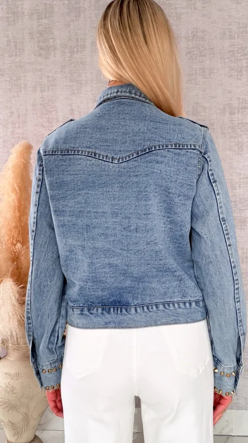 Oryginalna katana jeansowa zdobiona różowymi kamieniami DENIM BLUE - R719