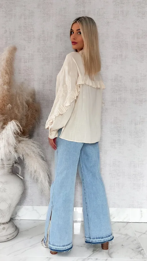 Piękna beżowa koszula z haftowanymi rękawami ONE SIZE - R881