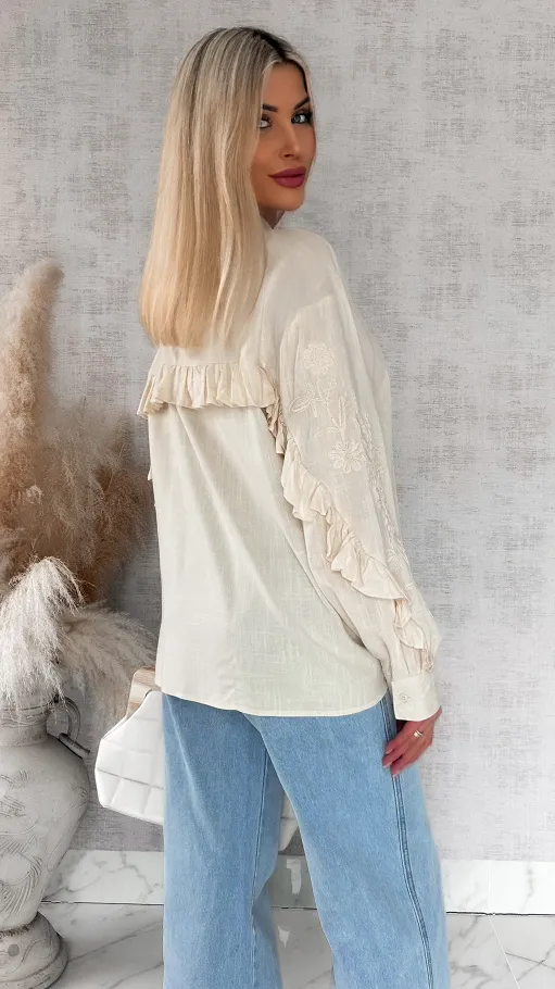 Piękna beżowa koszula z haftowanymi rękawami ONE SIZE - R881