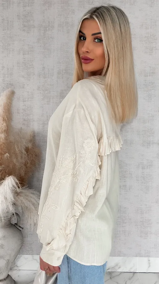 Piękna beżowa koszula z haftowanymi rękawami ONE SIZE - R881