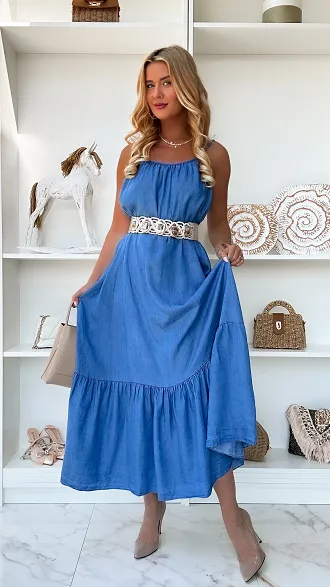 MAXI sukienka na ramiączkach miękki BLUE JEANS - P790