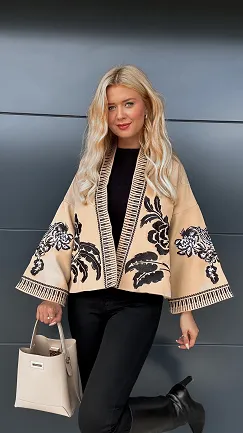 Oryginalna beżowa marynarka haftowana w stylu KIMONO - P968A