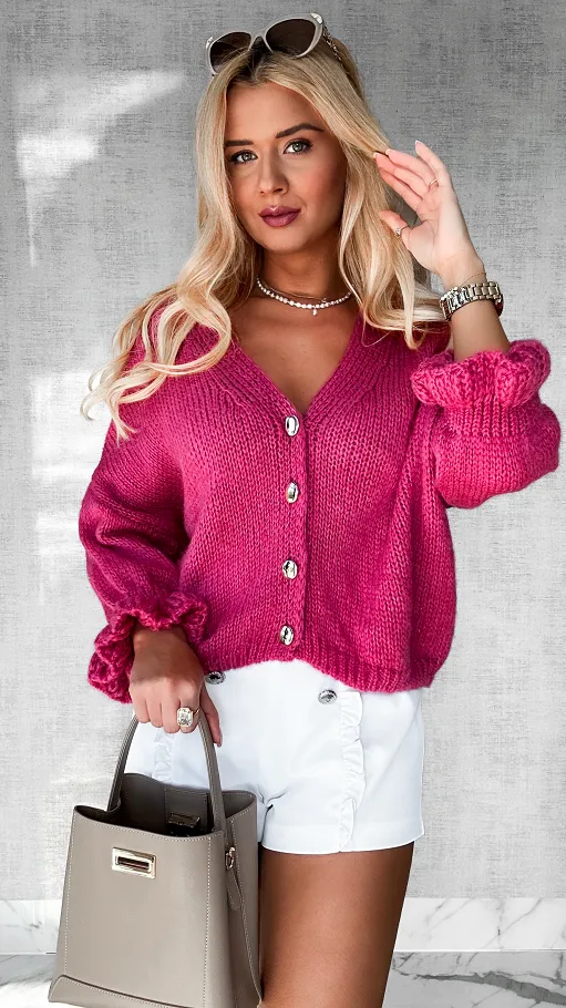 Lekki puszysty sweter na guziki z modnymi rękawami WRZOSOWY - P471