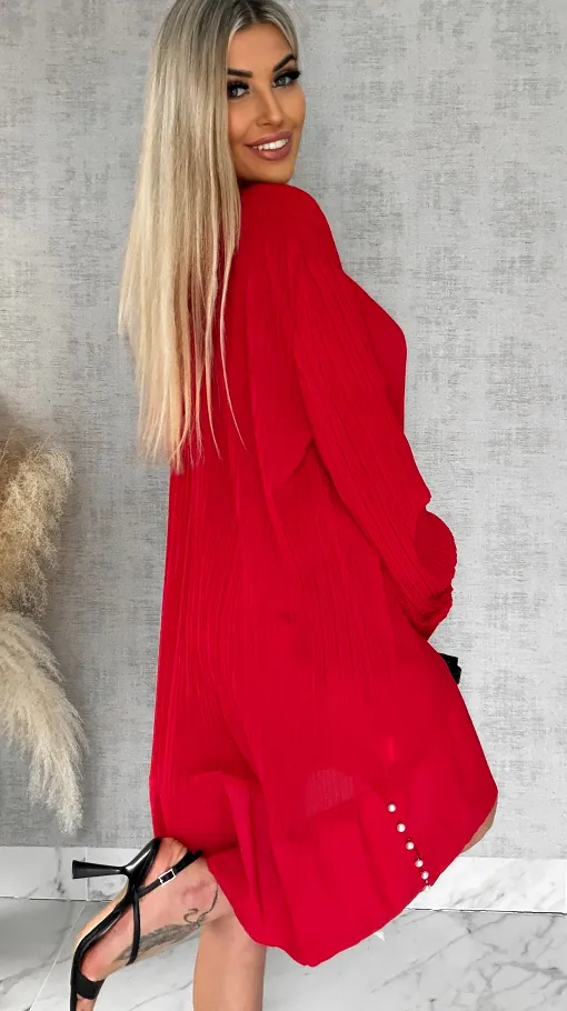 Luźna szeroka sukienka zdobiona perełkami z plisowaniem ONE SIZE czerwona - R507