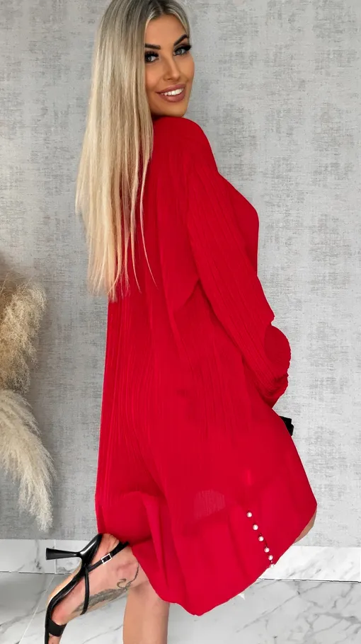 Luźna szeroka sukienka zdobiona perełkami z plisowaniem ONE SIZE czerwona - R507