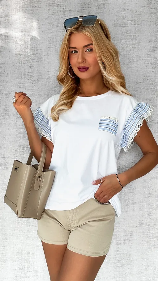 Biała bluzka t-shirt z niebieskimi dodatkami ONE SIZE - P772A
